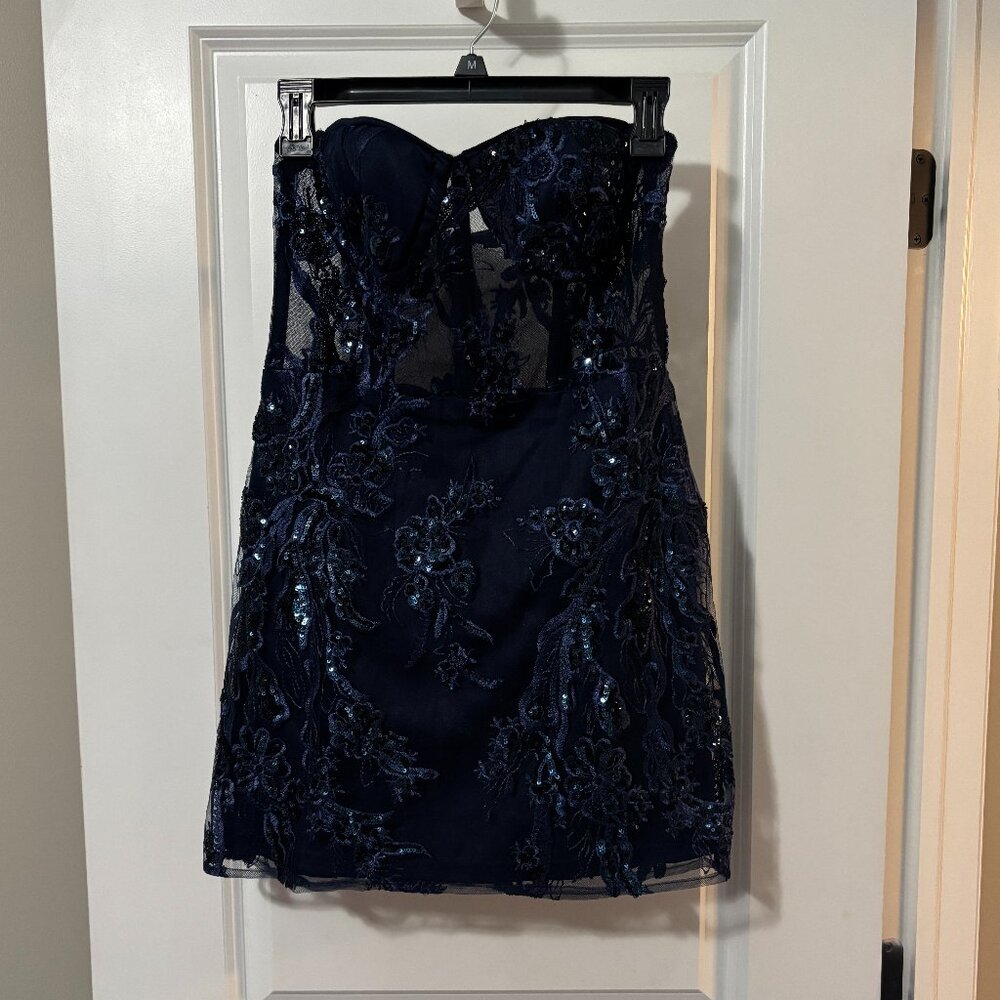 Lulus Navy Blue Sequin Embroidered Strapless Mini Dress - Size Medium